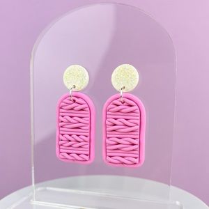Pink Chunky Knit Style Handmade Polymer Clay Dangle Earrings